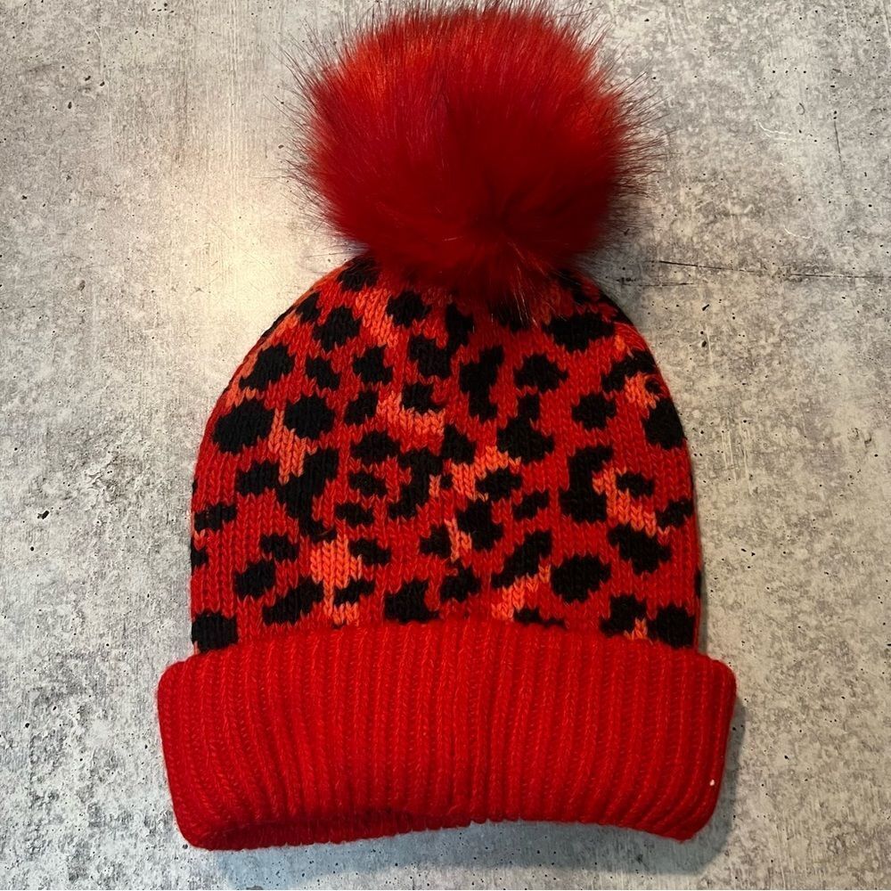 Fabletics Red Cheetah Print Beanie Winter Hat - image 4